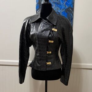Vintage Philippe Le Roi black genuine leather Jacket with Gold Accent Closures